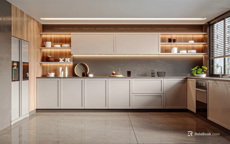 Modern Kitchen With Light Cabinets Wooden Accents Countertop Under Cabinet Lighting And Decorative Plants 3d model 
