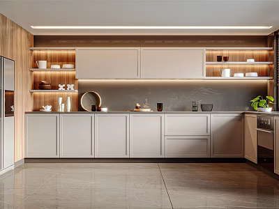 Modern Kitchen With Light Cabinets Wooden Accents Countertop Under Cabinet Lighting And Decorative Plants 3d model