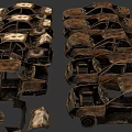 Old Rusted Cars Stacked In Pile At Abandoned Auto Salvage Yard