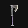 Medieval Battle Axe With Sharp Metal Blade Purple Wrapped Handle And Red Decorative Accents