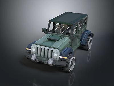 Green and Blue Open Top Off Road Vehicle with Large Tires Front Grille and Headlights 3d model
