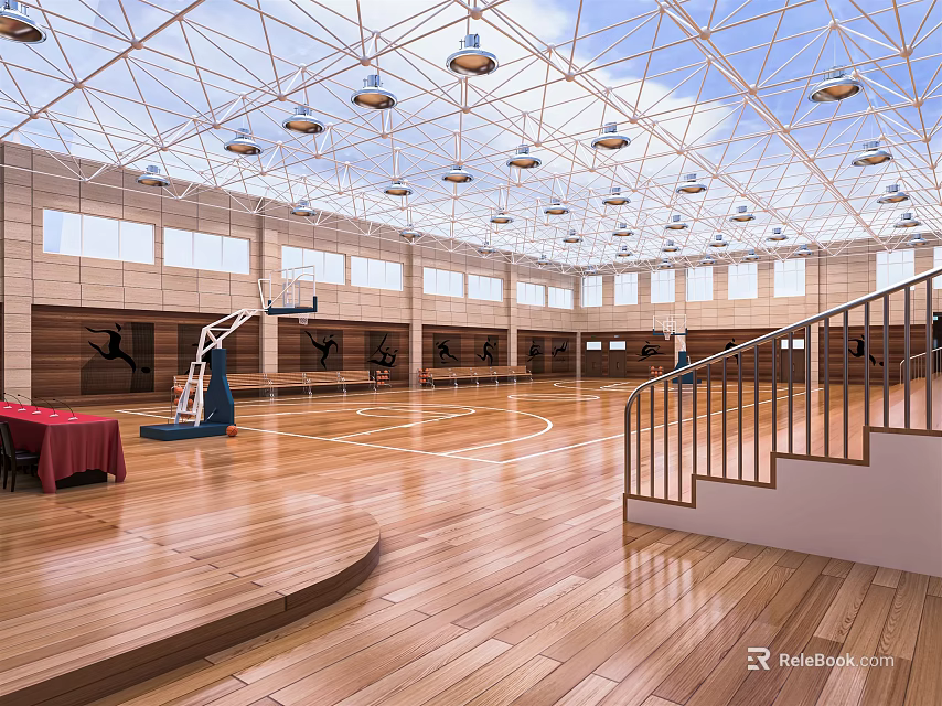 Modern Spacious Basketball Gymnasium With Wooden Floor Basketball Hoops High Ceiling Lights Skylights And Staircase 3d model 