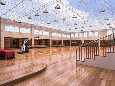 Modern Spacious Basketball Gymnasium With Wooden Floor Basketball Hoops High Ceiling Lights Skylights And Staircase 3d model