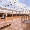 Modern Spacious Basketball Gymnasium With Wooden Floor Basketball Hoops High Ceiling Lights Skylights And Staircase