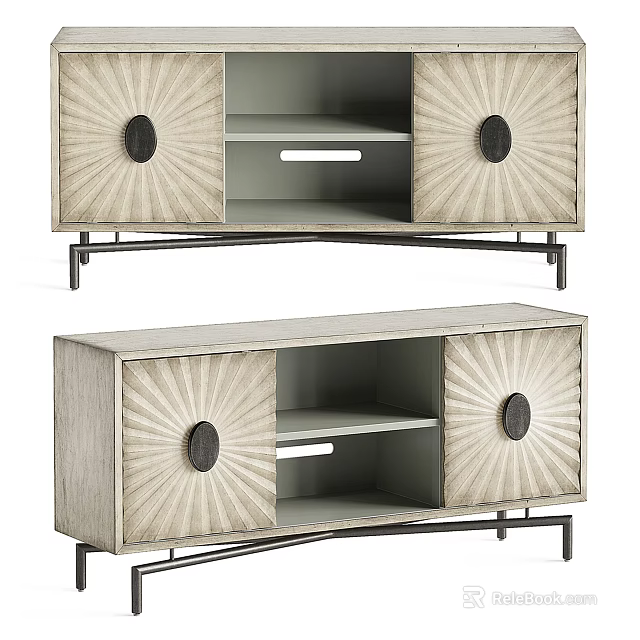 Modern Wooden Bookcase With Sunburst Design Doors Metal Legs And Open Storage Shelves 3d model 