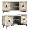 Modern Wooden Bookcase With Sunburst Design Doors Metal Legs And Open Storage Shelves
