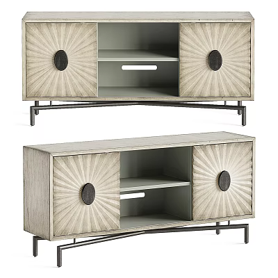Modern Wooden Bookcase With Sunburst Design Doors Metal Legs And Open Storage Shelves 3d model