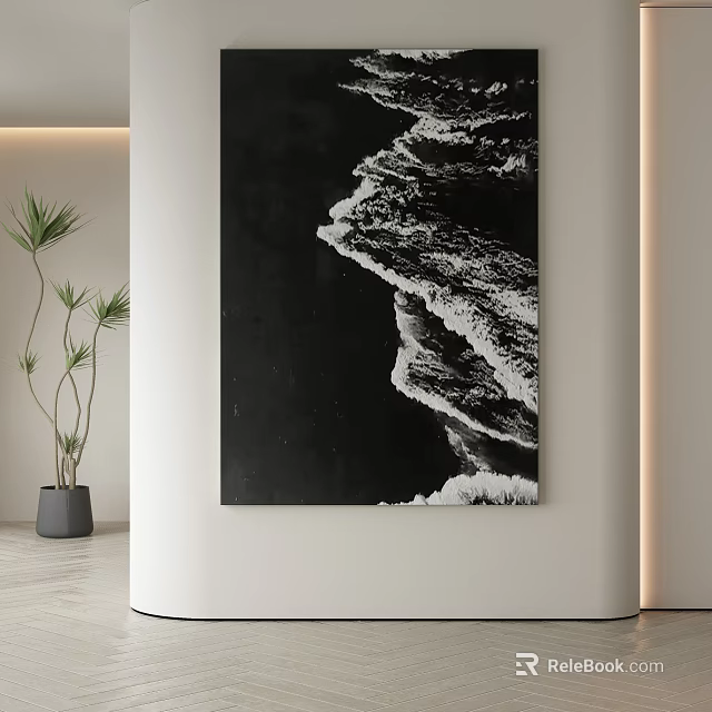 Black and White Abstract Painting With Wave Pattern In Modern Interior Space 3d model