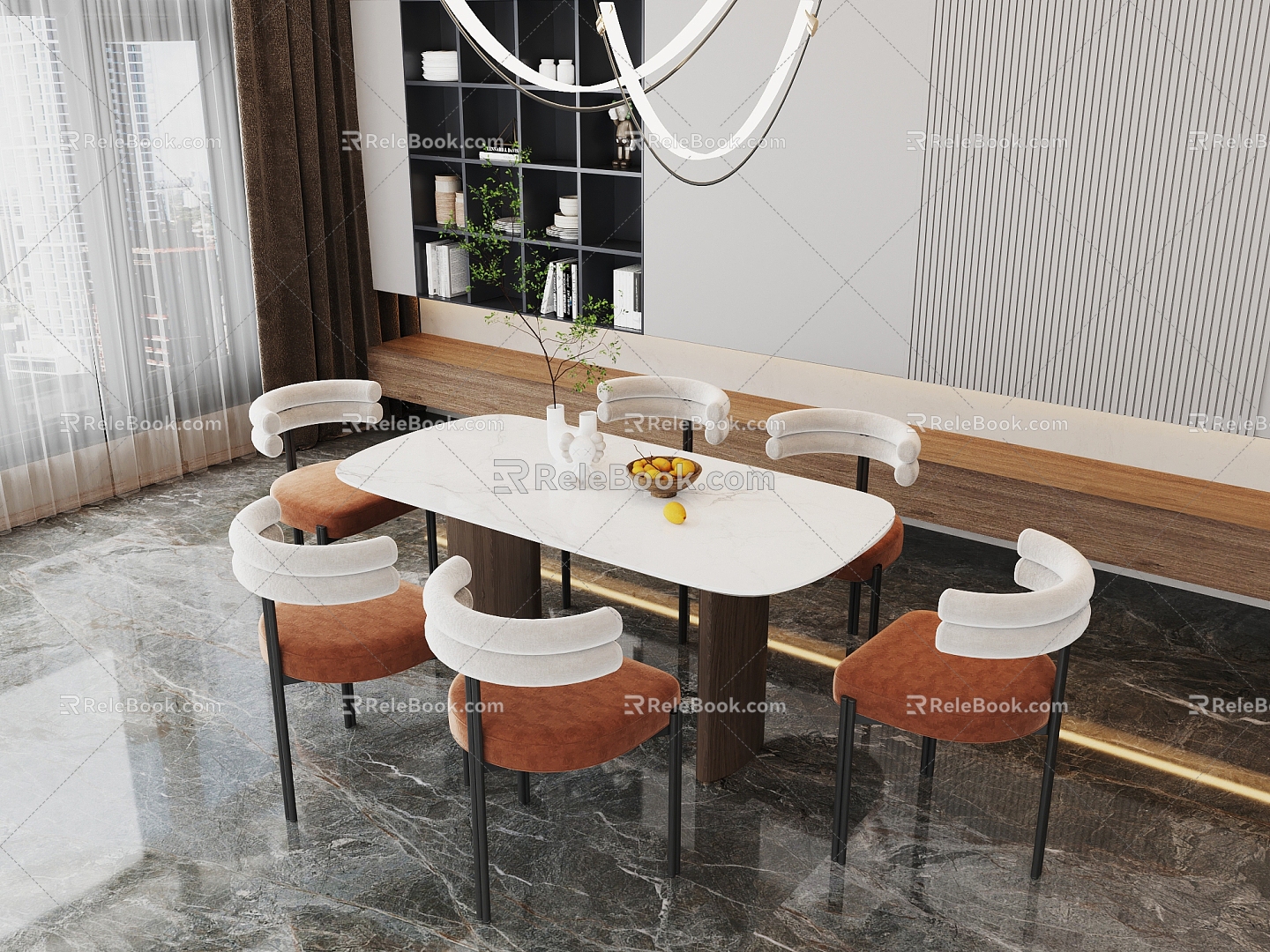 Dining Room Dining Table Chair Combination Dining Table Dining Chair Chandelier Marble Dining Table 3d model