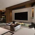 Modern Open Living and Dining Room with Wooden Bar Counter TV Wall Fireplace and Coffee Table