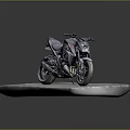 Black Sporty Motorcycle Showcased on Gray Stone Platform with Dark Background