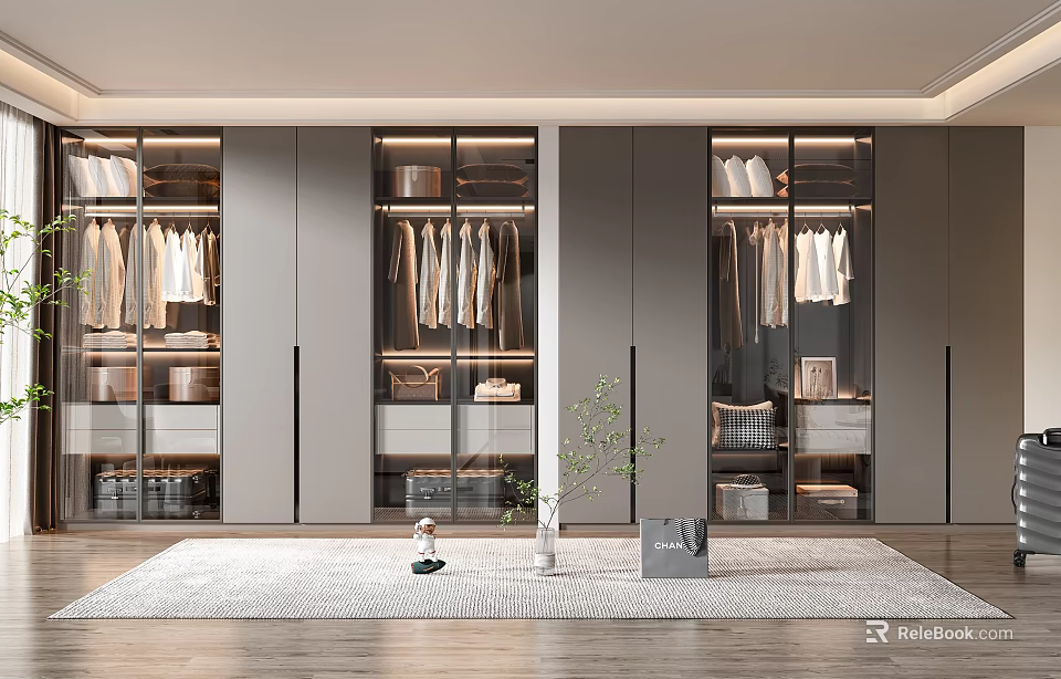 Modern Wardrobe Interior Design With Glass Doors Hanging Clothes And Storage Drawers 3d model 