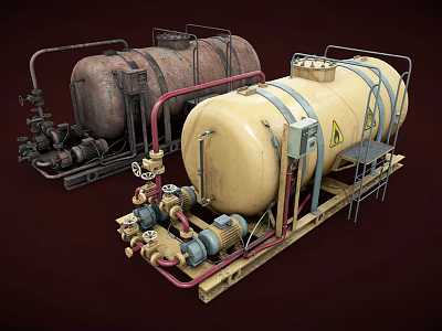 Industrial Storage Tanks With Red Blue Pipes Valves And Metal Frames 3d model