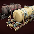 Industrial Storage Tanks With Red Blue Pipes Valves And Metal Frames
