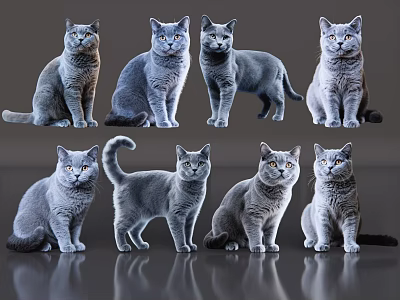 Eight Gray Cats In Different Poses Standing On Reflective Gray Background 3d model