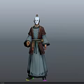 Traditional Attired Male Character In Blue Robe With Belt And Topknot On Gray Background