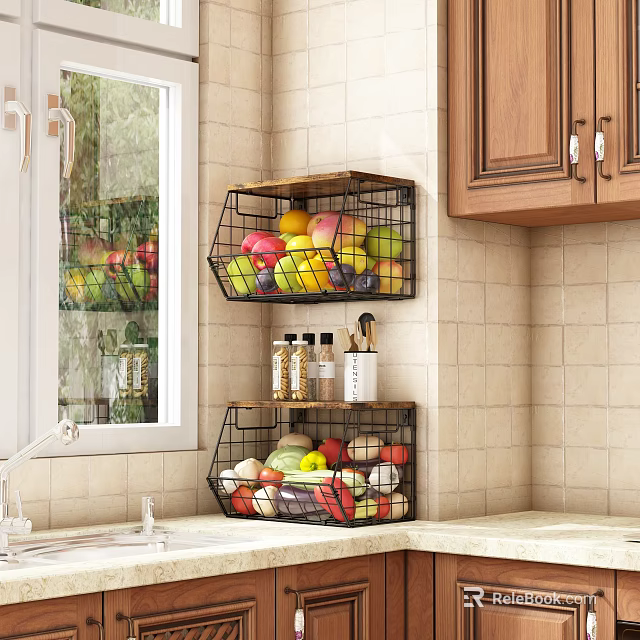 Wooden Kitchen Cabinets With Wall Mounted Fruit Vegetable Storage Baskets 3d model