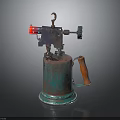 Vintage Metal Blowtorch Weapon with Copper Green Patina and Wooden Handle Cylindrical Design