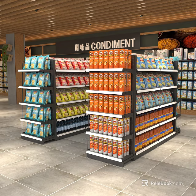 Display Shelves Stocked With Various Condiments Multiple Layers Neatly Arranged In Retail Store 3d model 