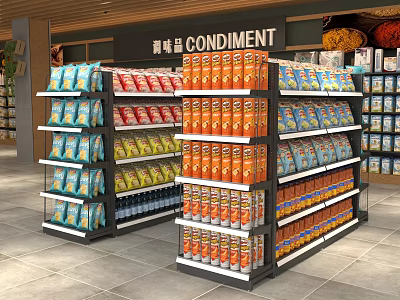 Display Shelves Stocked With Various Condiments Multiple Layers Neatly Arranged In Retail Store 3d model