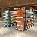 Display Shelves Stocked With Various Condiments Multiple Layers Neatly Arranged In Retail Store