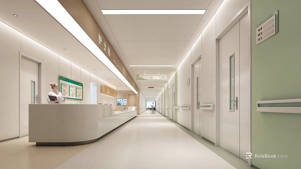 Modern Hospital Outpatient Clinic With Nurse Station Corridor White Doors Green Walls And Modern Lighting 3d model 