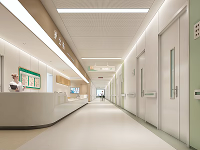 Modern Hospital Outpatient Clinic With Nurse Station Corridor White Doors Green Walls And Modern Lighting 3d model