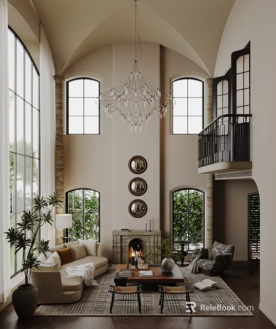 Elegant Living and Dining Room Interior with Arched Windows Crystal Chandelier Fireplace and Green Plants 3d model 