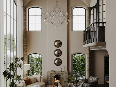 Elegant Living and Dining Room Interior with Arched Windows Crystal Chandelier Fireplace and Green Plants 3d model
