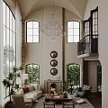 Elegant Living and Dining Room Interior with Arched Windows Crystal Chandelier Fireplace and Green Plants