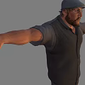 Male Character 3D Model Display With Black Outfit Hat Different Angles Extended Arm Pose