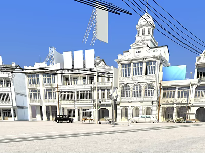 Scenic Commercial Street with Classic White Buildings Clock Tower and Billboards Under Blue Sky 3d model