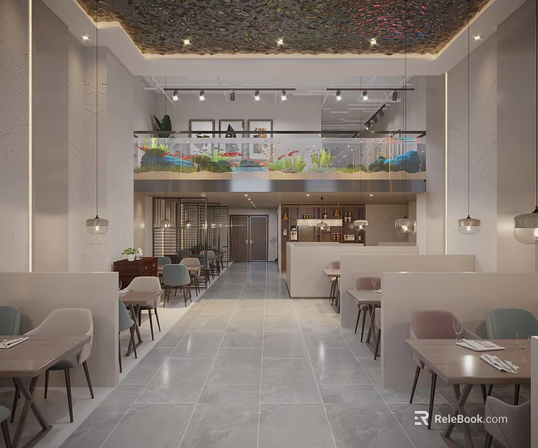 Modern Restaurant Interior Design With Two Story Layout Chandelier Lighting And Green Plants 3d model 