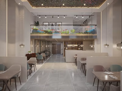 Modern Restaurant Interior Design With Two Story Layout Chandelier Lighting And Green Plants 3d model