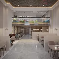 Modern Restaurant Interior Design With Two Story Layout Chandelier Lighting And Green Plants