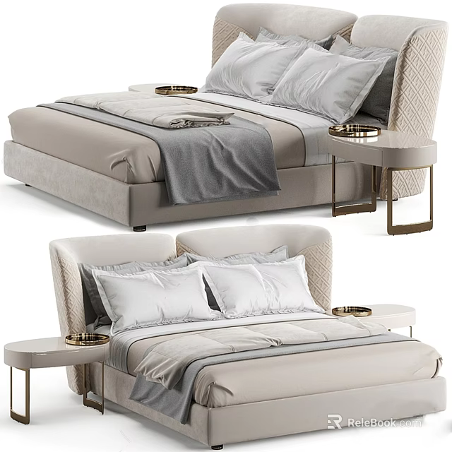 Modern Upholstered Double Bed With Bedside Tables And Soft Gray Bedding 3d model