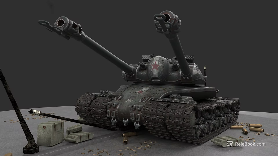 Detailed Military Tank Weapon With Dual Cannons Tracks And Ammunition Boxes 3d model 