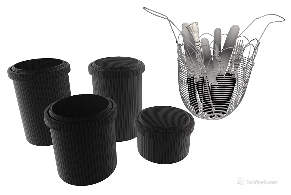 Essential Kitchenware Black Storage Canisters With Lids And Metal Utensil Basket 3d model 