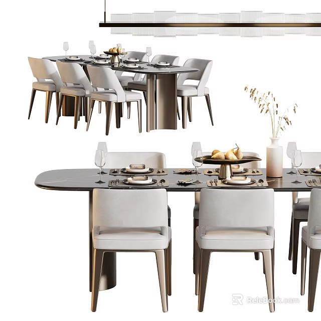 Modern Dining Table Set With Light Grey Chairs Marble Tabletop And Tableware 3d model 