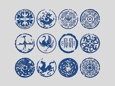 Ornate Traditional Chinese Circular Blue Decorative Patterns With Dragon Crane Elements 3d model