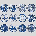 Ornate Traditional Chinese Circular Blue Decorative Patterns With Dragon Crane Elements