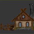 Charming Fairy Cottage With Red Tile Roof Green Moss Chimney Wooden Fence Woodpile And Basket