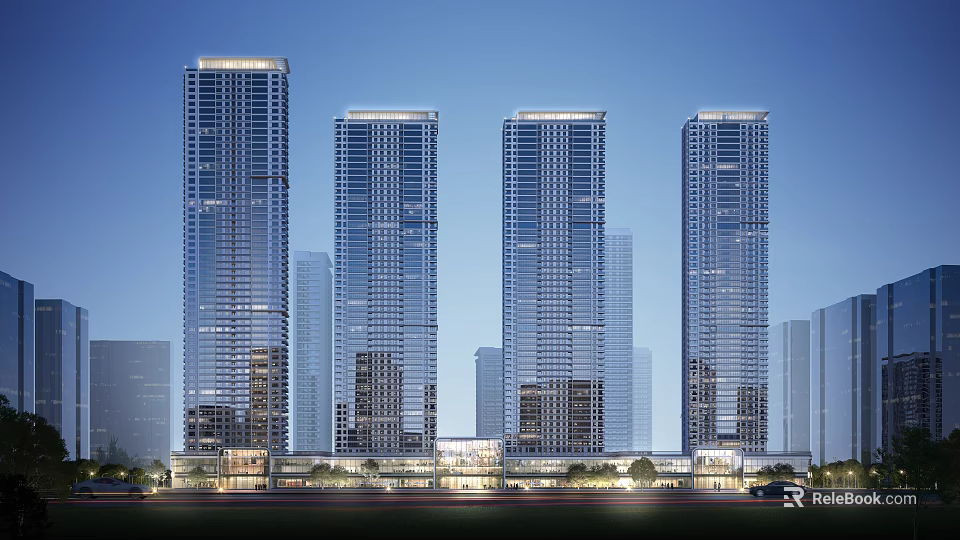 Tall Modern Office Buildings With Glass Curtain Walls In Evening Lighting Surrounded By Urban Architecture 3d model 