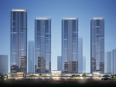 Tall Modern Office Buildings With Glass Curtain Walls In Evening Lighting Surrounded By Urban Architecture 3d model