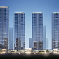 Tall Modern Office Buildings With Glass Curtain Walls In Evening Lighting Surrounded By Urban Architecture