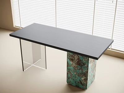 Modern Black Desk With Clear Acrylic Leg Green Marble Column And Window Blinds 3d model