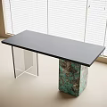 Modern Black Desk With Clear Acrylic Leg Green Marble Column And Window Blinds