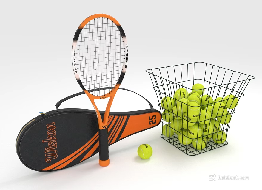 Wilson Tennis Equipment With Racket Bag Wire Basket Filled With Tennis Balls And Single Ball 3d model 