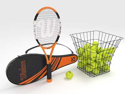 Wilson Tennis Equipment With Racket Bag Wire Basket Filled With Tennis Balls And Single Ball 3d model