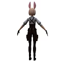 Woman With Bunny Ears Hair Accessory Wearing White Blouse Brown Overalls Black Gloves And Boots